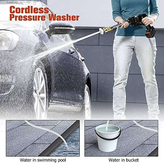 Cordless rechargeable pressure washer with battery spraying car with high pressure water, portable washer for car cleaning, home use and outdoor washing