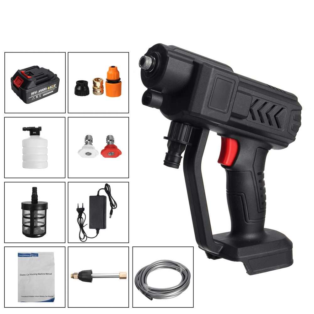 Cordless rechargeable high-pressure washer with battery and spray nozzle for car cleaning and home use